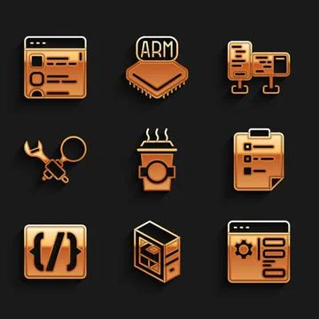 Set Coffee cup to go, Computer, Browser setting, Clipboard with checklist 스톡 일러스트