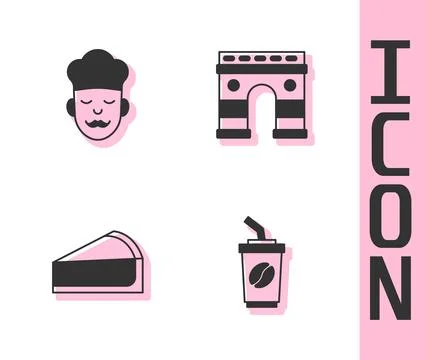 Set Coffee cup to go, Cook, Cherry cheesecake slice and Triumphal Arch icon Stock-Illustration