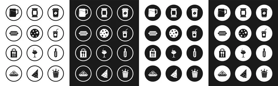 Set Coffee cup to go, Cookie or biscuit, Hotdog sandwich, Wooden beer mug, Paper Stockillustratie