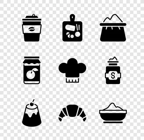 Set Coffee cup to go, Cutting board, Bag flour, Pudding custard, Croissant Stock Illustration