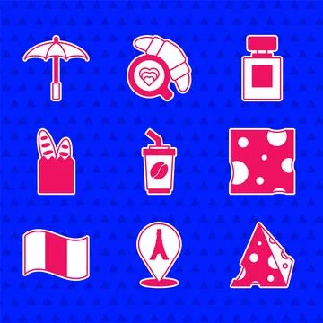 Set Coffee cup to go, Eiffel tower, Cheese, Flag France, French baguette bread Illustrazione stock