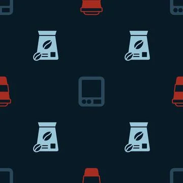 Set Coffee cup to go, Electronic coffee scales and Bag beans on seamless pattern 库存插图