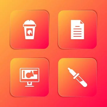 Set Coffee cup to go, File document, Computer monitor screen and Pipette icon Stock Illustration