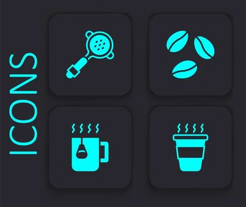 Set Coffee cup to go, filter holder, beans and Cup tea with bag icon. Black Illustration