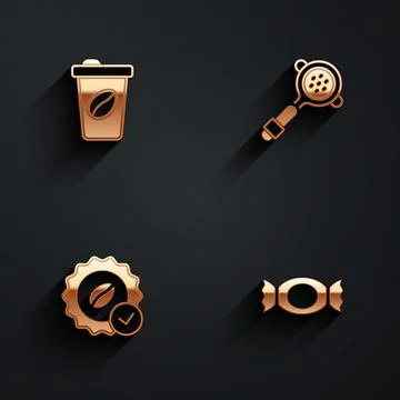 Set Coffee cup to go, filter holder, Medal for coffee and Candy icon with long Illustration