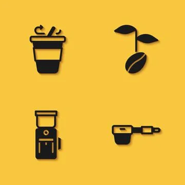 Set Coffee cup to go, filter holder, Electric coffee grinder and beans icon with Illustration