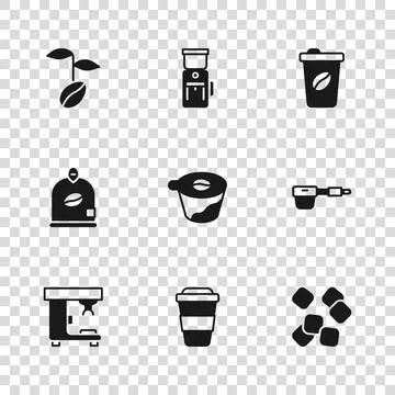 Set Coffee cup to go, filter holder, Sugar cubes, Pour over coffee maker, b.. Ilustración de archivo