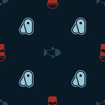 Set Coffee cup to go, Fish and Steak meat on seamless pattern. Vector Stock Illustration