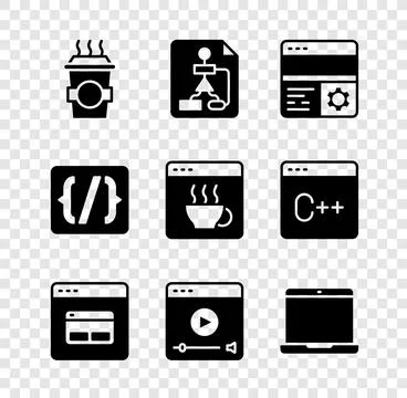 Set Coffee cup to go, Flowchart, Debugging, Search engine, Online play vide.. Illustrazione stock
