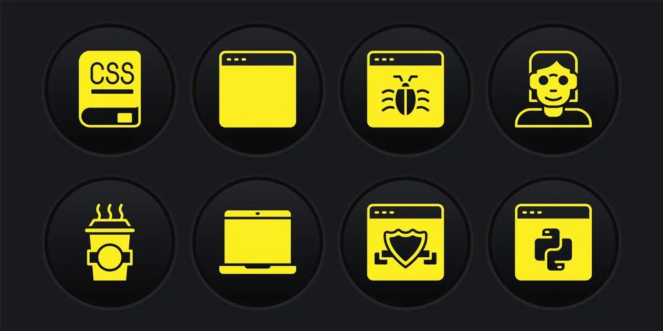 Set Coffee cup to go, Hacker or coder, Laptop, Browser with shield, System bug Illustrazione stock