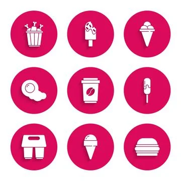 Set Coffee cup to go, Ice cream in waffle cone, Burger, Scrambled eggs, and Stock-Illustration