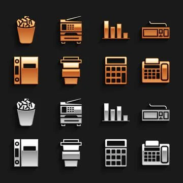 Set Coffee cup to go, Keyboard, Telephone, Calculator, Office folders, Pie chart イラスト素材