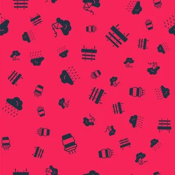 Set Coffee cup to go, Kite, Cloud with rain and Bench on seamless pattern Stock Illustration