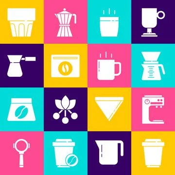 Set Coffee cup to go, machine, Pour over coffee maker, Bag beans, turk, Glass Ilustração Stock