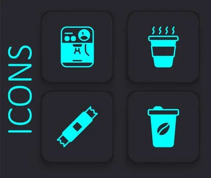 Set Coffee cup to go, machine, and Sugar stick packets icon. Black square button Stock Illustration