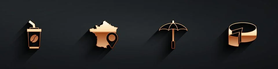 Set Coffee cup to go, Map France, Umbrella for beach and Cheese icon with long イラスト素材