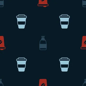 Set Coffee cup to go, Milk bottle and on seamless pattern. Vector イラスト素材