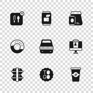 Set Coffee cup to go, Online ordering food, Lunch box, Food, Soda can and D.. Stock-Illustration
