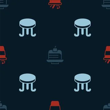Set Coffee cup to go, Piece cake and table on seamless pattern. Vector Stock Illustration