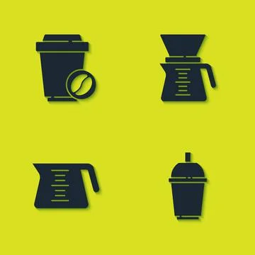 Set Coffee cup to go, , pot and Pour over coffee maker icon. Vector Ilustração Stock
