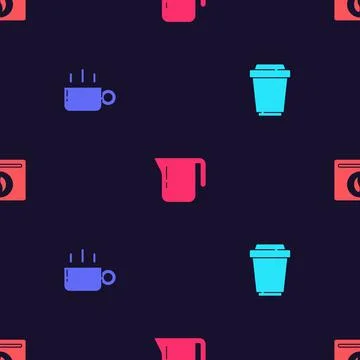 Set Coffee cup to go, , pot and Bag coffee beans on seamless pattern. Vector 库存插图