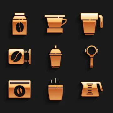 Set Coffee cup to go, pot, filter holder, Bag coffee beans, Street signboard, Illustration