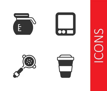 Set Coffee cup to go, pot, filter holder and Electronic coffee scales icon. V Illustration