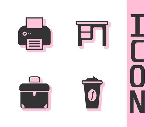 Set Coffee cup to go, Printer, Briefcase and Office desk icon. Vector Illustration