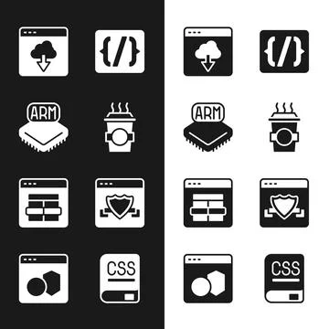 Set Coffee cup to go, Processor, Cloud technology data transfer, Programming Stock Illustration