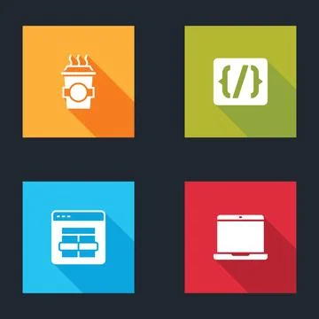 Set Coffee cup to go, Programming language syntax, MySQL code and Laptop icon Stock Illustration