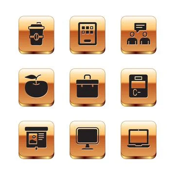 Set Coffee cup to go, Projection screen, Computer monitor, Briefcase, Apple, Two Stock Illustration