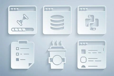 Set Coffee cup to go, Python programming language, Clipboard with checklist Stock Illustration