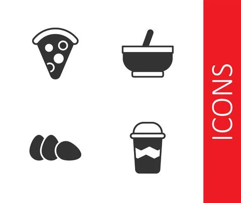 Set Coffee cup to go, Slice pizza, Chicken egg and Mortar and pestle icon Stock Illustration