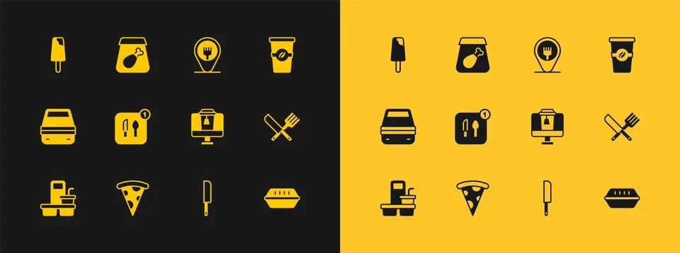 Set Coffee cup to go, Slice pizza, Online ordering food, Knife, Food, Cafe .. Ilustração Stock