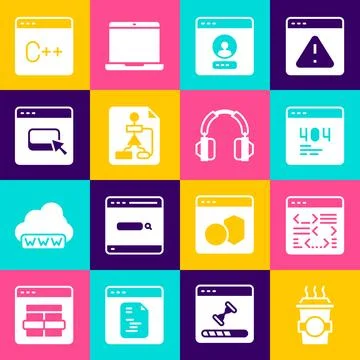 Set Coffee cup to go, Software, Page with 404 error, Create account screen,.. Stock Illustration