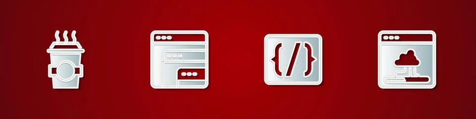 Set Coffee cup to go, Software, Programming language syntax and Cloud technology Illustrazione stock