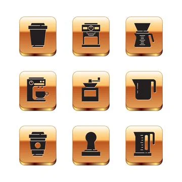 Set Coffee cup to go, tamper, Manual coffee grinder, machine, Pour over maker Illustration