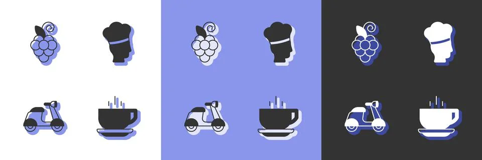 Set Coffee cup, Grape fruit, Scooter and Italian cook icon. Vector Stock Illustration