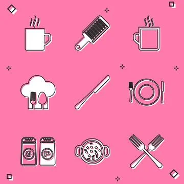 Set Coffee cup, Grater, Chef hat with fork and spoon, Knife, Plate, knife, .. Stock Illustration