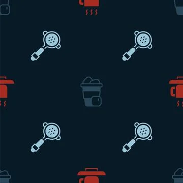 Set Coffee cup, Iced coffee and filter holder on seamless pattern. Vector Stock Illustration