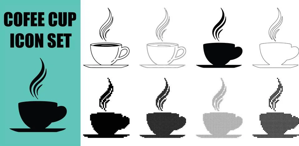 Set of coffee cup icons featuring various styles and designs including soli.. イラスト素材