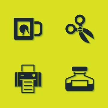 Set Coffee cup, Ink bottle, Printer and Scissors icon. Vector Illustrazione stock