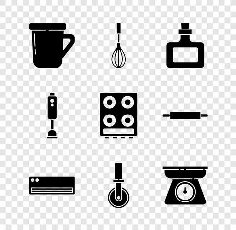 Set Coffee cup, Kitchen whisk, Sauce bottle, Air conditioner, Pizza knife Illustrazione stock