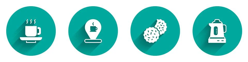 Set Coffee cup, Location with coffee, Cookie or biscuit and Electric kettle icon Illustration