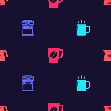 Set Coffee cup, machine, and pot on seamless pattern. Vector イラスト素材