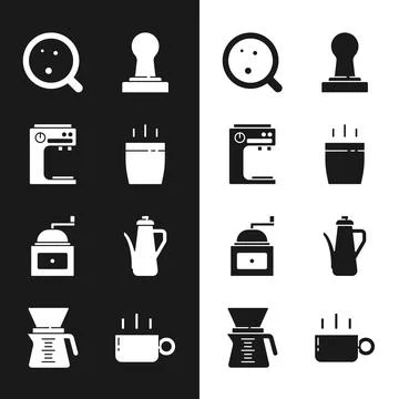 Set Coffee cup, machine, tamper, Manual coffee grinder, Teapot, and Pour over Stock Illustration