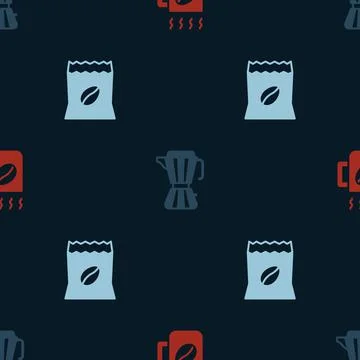 Set Coffee cup, maker moca pot and Bag coffee beans on seamless pattern. Vector Stock Illustration