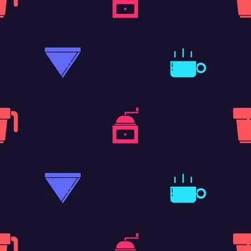 Set Coffee cup, paper filter, Manual coffee grinder and  on seamless pattern. Stock Illustration