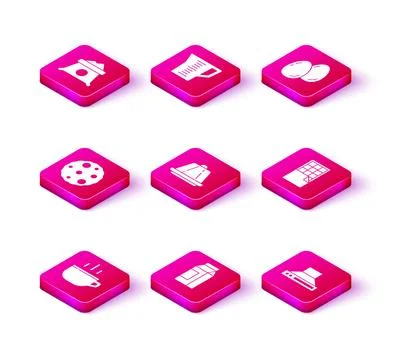 Set Coffee cup, Paper package for milk, Cookie biscuit, Pudding custard, Ki.. Illustrazione stock