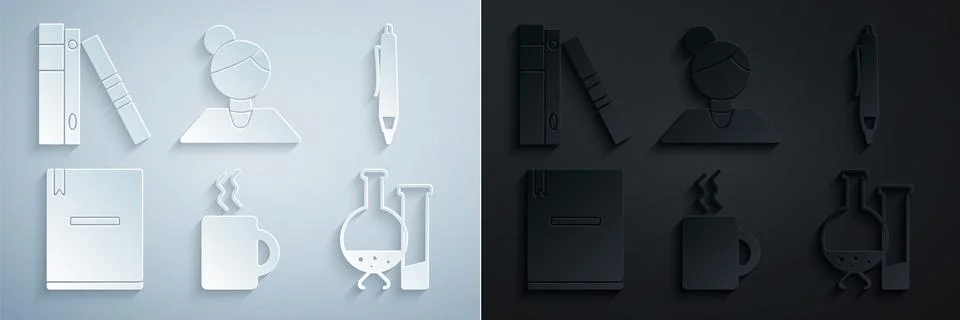 Set Coffee cup, Pen, Notebook, Test tube and flask chemical laboratory test Stock Illustration